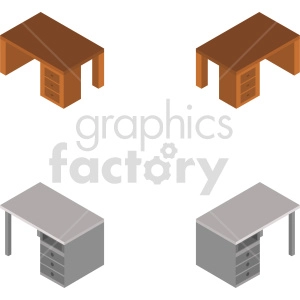 Clipart image of four office desks in isometric view: two brown wooden desks and two grey metal desks.