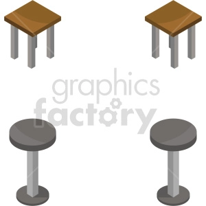 Clipart of two square wooden tables and two round bar stools with metal legs arranged logically.