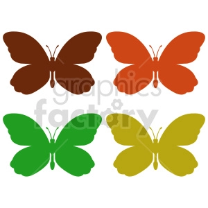 This clipart image shows four stylized butterflies in different colors. The butterflies appear in a simple, flat design with each butterfly having a unique color: brown, red, green, and yellow.