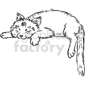 This clipart image shows a black and white cat sleeping and lying down. The cat is facing to the right and is curled up with its eyes closed.
