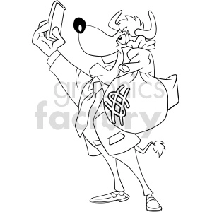 The clipart image features a stylized anthropomorphic bull character. The bull is dressed in business attire, including a suit, tie, and dress shoes, and is holding a bag with a dollar sign symbol, suggesting wealth or money. The bull is also taking a selfie with a smartphone.