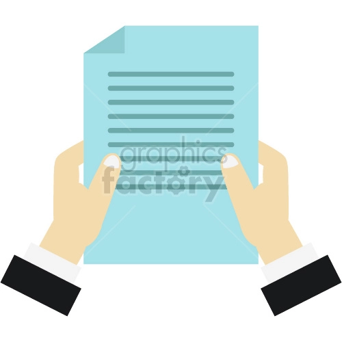 Clipart image of two hands holding a blue sheet of paper with lines representing text. The hands have light skin and are dressed in black sleeves with white cuffs.