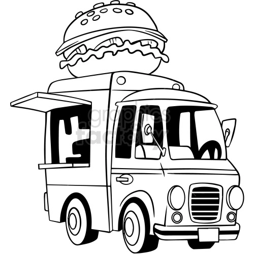 black and white cartoon food truck clipart