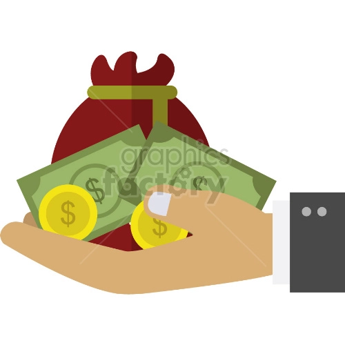 The clipart image shows a hand holding a stack of coins, indicating the concept of money and wealth. The image may represent financial success, savings, or investment.
