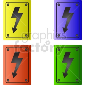 A clipart image featuring four warning signs with lightning bolts. Each sign is a different color: yellow, purple, red, and green. The signs represent electrical hazards, indicated by the black lightning bolt symbols.