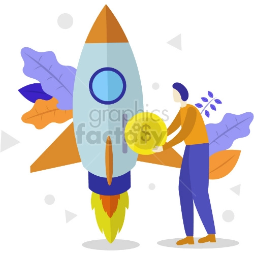 The clipart image depicts a person depositing money into a rocket-shaped bank, symbolizing a startup or investment in a new business venture. It is an illustration of launching a new idea or project by investing money in it.
