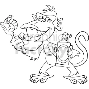 A playful cartoon monkey holding a toothbrush in one hand and a tube of toothpaste in the other. The image is a black and white line drawing, with the monkey smiling widely and standing on two legs.