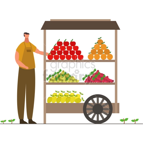 The clipart image shows an illustration of a fruit market with people, vendors, and merchants present. The image depicts various types of fruits like apples, oranges, and more on display at the market.
