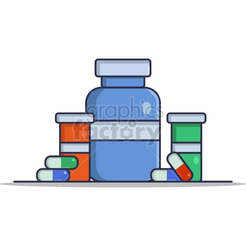 The clipart image shows a collection of pills in different colors and sizes, arranged in a horizontal row. The image represents medicine in the context of emergency medical care, pharmacy, pain relief, and treatment.
