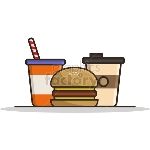 Clipart image of a fast food meal consisting of a hamburger, a soft drink with a straw, and a coffee cup.