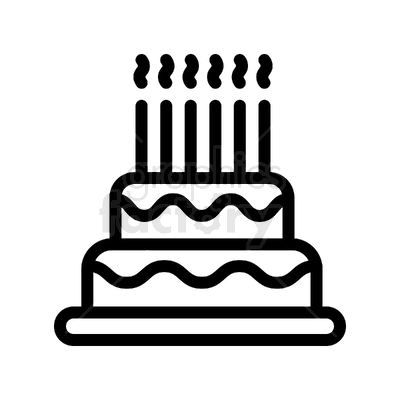 Black and white clipart image of a birthday cake with 6 candles on top.