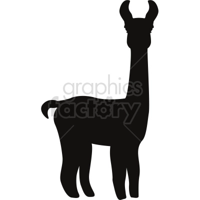 The clipart image shows the silhouette of a standing lama, an animal with long neck and legs, small ears, and a fluffy tail. The image has no details inside the silhouette, only the outline of the animal is visible.
