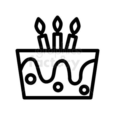 Clipart image of a birthday cake with three lit candles. The cake has a decorated top with dots and swirls.