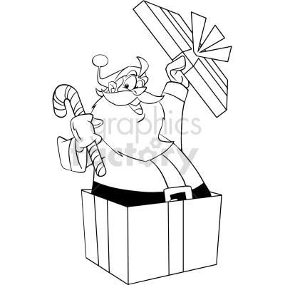Black and white clipart of a cheerful Santa Claus holding a candy cane and popping out of a gift box while raising a wrapped present.