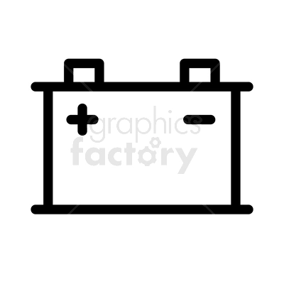 Clipart image of a car battery symbol represented in a simple, black and white style. The battery has a plus and minus sign indicating positive and negative terminals.
