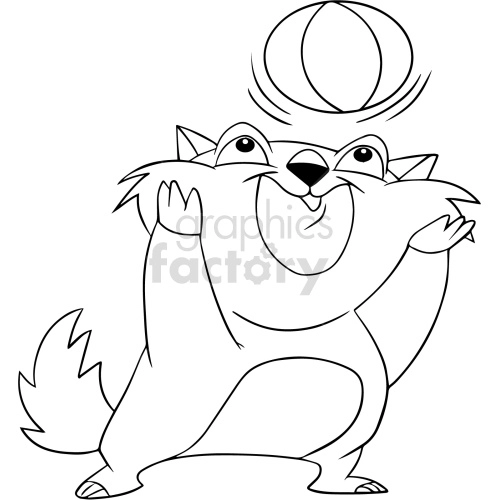 The image features a line drawing of a playful cat-like creature trying to balance a ball on its nose. The creature is standing upright on its hind legs, and its front paws are extended outward. Its tail is fluffy and curved at the back. Despite the creature resembling a cat, it also has attributes that are not typical of a domestic cat, such as a more exaggerated and stylized appearance that includes pointy ears similar to a raccoon.