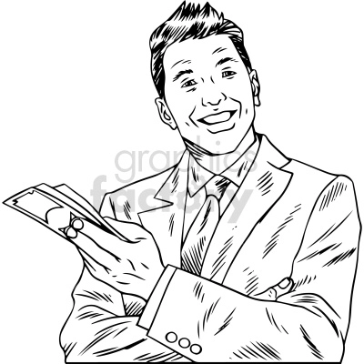 The clipart image shows a black and white cartoon illustration of a male salesman, dressed in a suit and tie, holding money. The image may be used to represent the profession of sales or marketing, or to depict a specific salesperson in a presentation or project.
