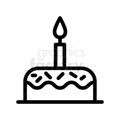 Clipart image of a birthday cake with a single lit candle on top.