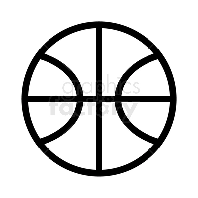 A black and white clipart image of a basketball, showcasing its distinct pattern with curving lines that divide it into separate sections.
