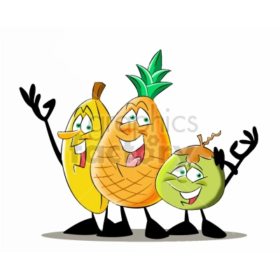 The clipart image shows a group of fruit characters, including a pineapple, singing together in a happy manner. The characters appear to be friends and are depicted with cheerful expressions.
