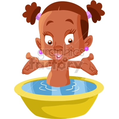 The clipart image depicts a cartoon illustration of an African American baby girl taking a bath. The toddler is sitting in a bathtub filled with water.

