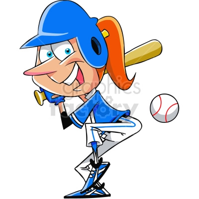 The clipart image shows a cartoon female baseball player, wearing a baseball cap and a uniform with a blue top and white pants. She has a ponytail and is holding a baseball bat over her left shoulder, with a determined expression on her face.
