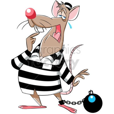 The clipart image depicts a cartoon rat in a jail cell. The rat is wearing a black and white striped prisoner outfit and appears to be sitting behind bars with a sad expression on its face. This image implies that the rat is a criminal and has been imprisoned for its actions.
