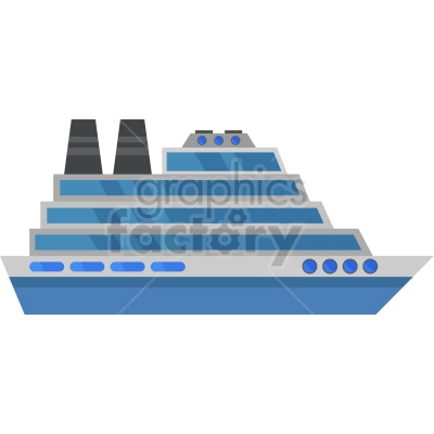 The clipart image shows a cartoon cruise ship, with a black smokestack, blue hull, and multiple decks.
