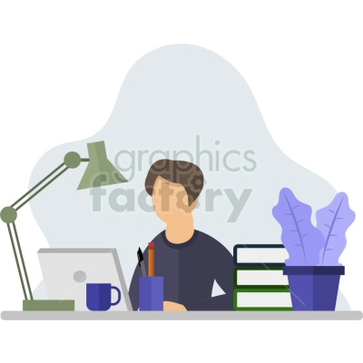 The clipart image shows a person sitting at a desk, working on a laptop. The person appears to be engaged in some sort of business or work-related activity. The image can be used to depict concepts related to people, business, support, desk work, etc.

