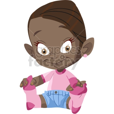 The clipart image shows a cartoon illustration of a cute baby girl with African American features. She appears to be a toddler, with chubby cheeks and short hair, wearing blue shorts and holding her toes as if she wants to play.
