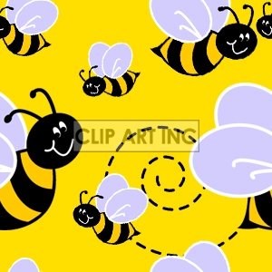 Clipart image featuring happy cartoon bees with black and yellow stripes, white wings, and smiley faces on a bright yellow background. The bees are scattered across the image, some with dashed paths indicating flight.