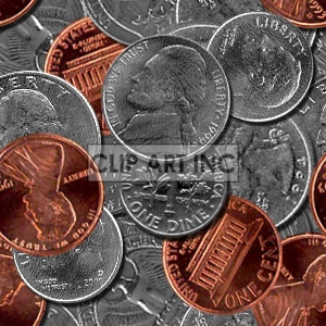 Clipart image of scattered US coins, including pennies, nickels, and dimes.