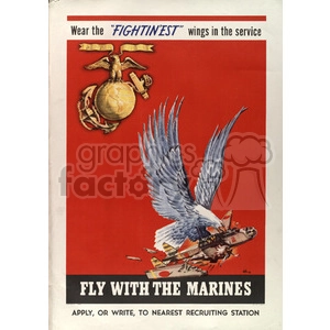 Vintage Marine Corps recruitment poster featuring an eagle gripping a fighter jet, with a Marine Corps emblem at the top, and the text 'Fly With The Marines' at the bottom.