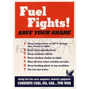 A vintage poster with the heading 'Fuel Fights! Save Your Share'. It lists seven tips for conserving fuel, including: keeping the temperature at 65 degrees F during the day and lower at night, not heating unused rooms, keeping windows closed, drawing window shades at night, shutting off heat when weather permits, keeping heating plants in top condition, and using less hot water. The poster emphasizes the importance of saving fuel for manpower, material, and equipment conservation during war times.