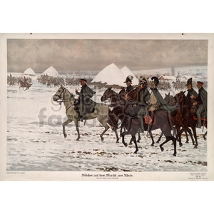 This clipart image depicts a historical military scene with soldiers on horseback marching through a snowy landscape. The soldiers are dressed in period uniforms, including cloaks and hats, and appear to be part of a larger group, with additional soldiers and tents visible in the background.