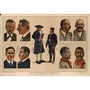 A clipart image depicting various European men dressed in traditional and contemporary attire. The image consists of seven portraits showcasing cultural and regional diversity. The background is plain, allowing focus on the individuals.