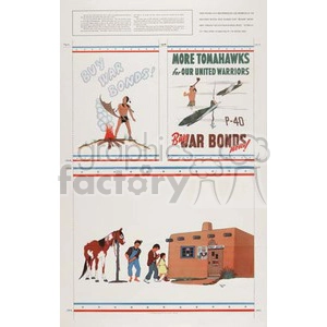 The clipart image includes two war bond posters and an illustration of a Native American family scene. The first poster features a Native American man with a tomahawk and fire saying 'Buy War Bonds!' The second poster shows a Native American man and a P-40 airplane with the text 'More Tomahawks for our United Warriors. Buy War Bonds now!' The lower portion depicts a Native American family with a horse in front of a pueblo-style house.