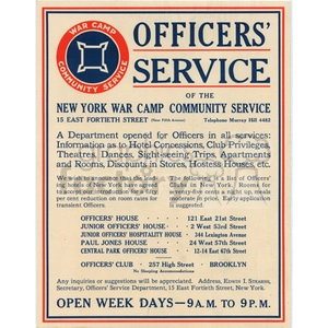 A vintage poster advertising the Officers' Service of the New York War Camp Community Service. The poster lists various amenities and services available to officers, including hotel concessions, club privileges, theatre tickets, dances, sightseeing trips, apartments, and rooms with discounts in stores and hostess houses. It also provides the addresses of several Officers' Houses in New York and Brooklyn, along with their open hours (9 AM to 9 PM).