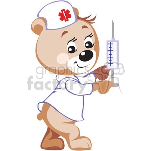 Teddy bear nurse holding a big syringe 