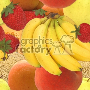 Clipart image featuring a variety of fruits including bananas, strawberries, apples, and melons.