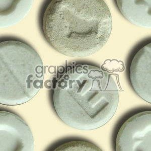 Clipart image of several round, white pills with different imprints on them, arranged in a scattered pattern on a beige background.