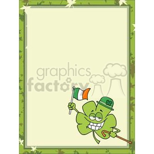This clipart image features a cheerful cartoon shamrock character holding an Irish flag and wearing a green hat with a shamrock emblem. The character is framed by a green leafy border.