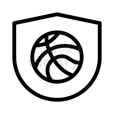 A black and white clipart image featuring a basketball enclosed within a shield.