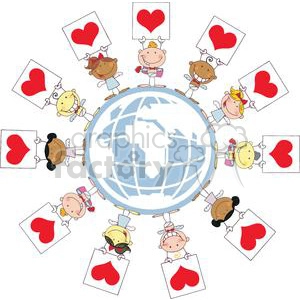 Different Nationalities Stick Cupids with Banners Heart in World