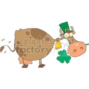 The image is a funny and whimsical clipart depicting a brown cow with spots. The cow is adorned with a small green top hat with a gold buckle, typical of St. Patrick's Day celebrations, and it is wearing a red bow tie. The cow has a goofy expression, big round eyes, and is ringing a yellow bell. There is also a large four-leaf clover, another symbol commonly associated with Irish culture and St. Patrick's Day, next to the cow.