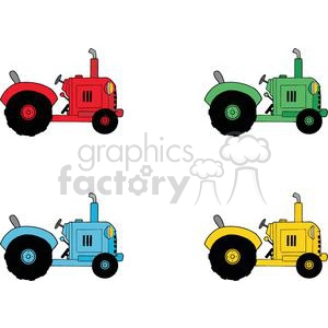 Clipart image featuring four colorful tractors in red, green, blue, and yellow against a white background.