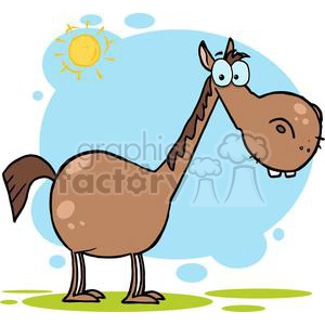 A humorous cartoon illustration of a brown horse with a large head and a goofy expression under a bright sun with a blue background and green grass.