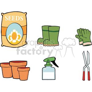 This clipart image features gardening items including a bag of seeds, a pair of green garden boots, green gloves, terra cotta plant pots, a spray bottle, and garden shears.