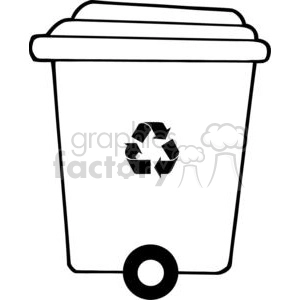 A black and white clipart image of a recycling bin with the recycling symbol in the center, set on wheels.