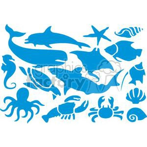 Blue Silhouettes Of Sea Animals Set